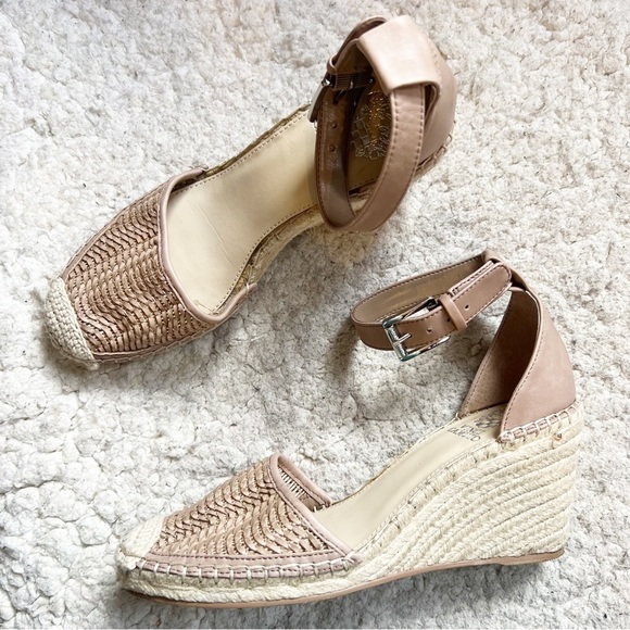 Vince Camuto: Valissa Woven Leather Vamp Espadrille Ankle Strap Wedges Sz 8.5 - Picture 1 of 12